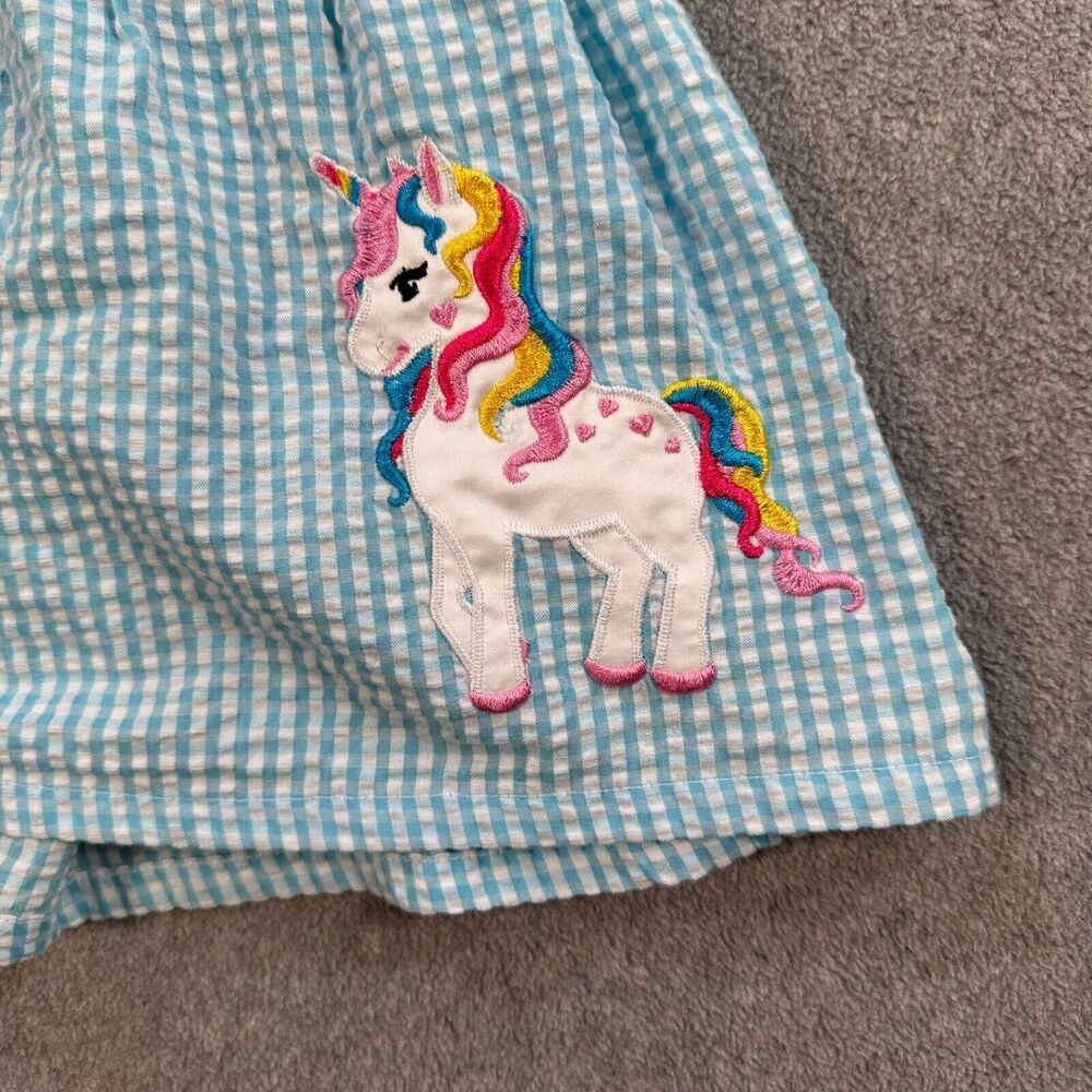 Girls Light Blue Gingham Unicorn Halter Dress with Pink Bow - Picture 2 of 5